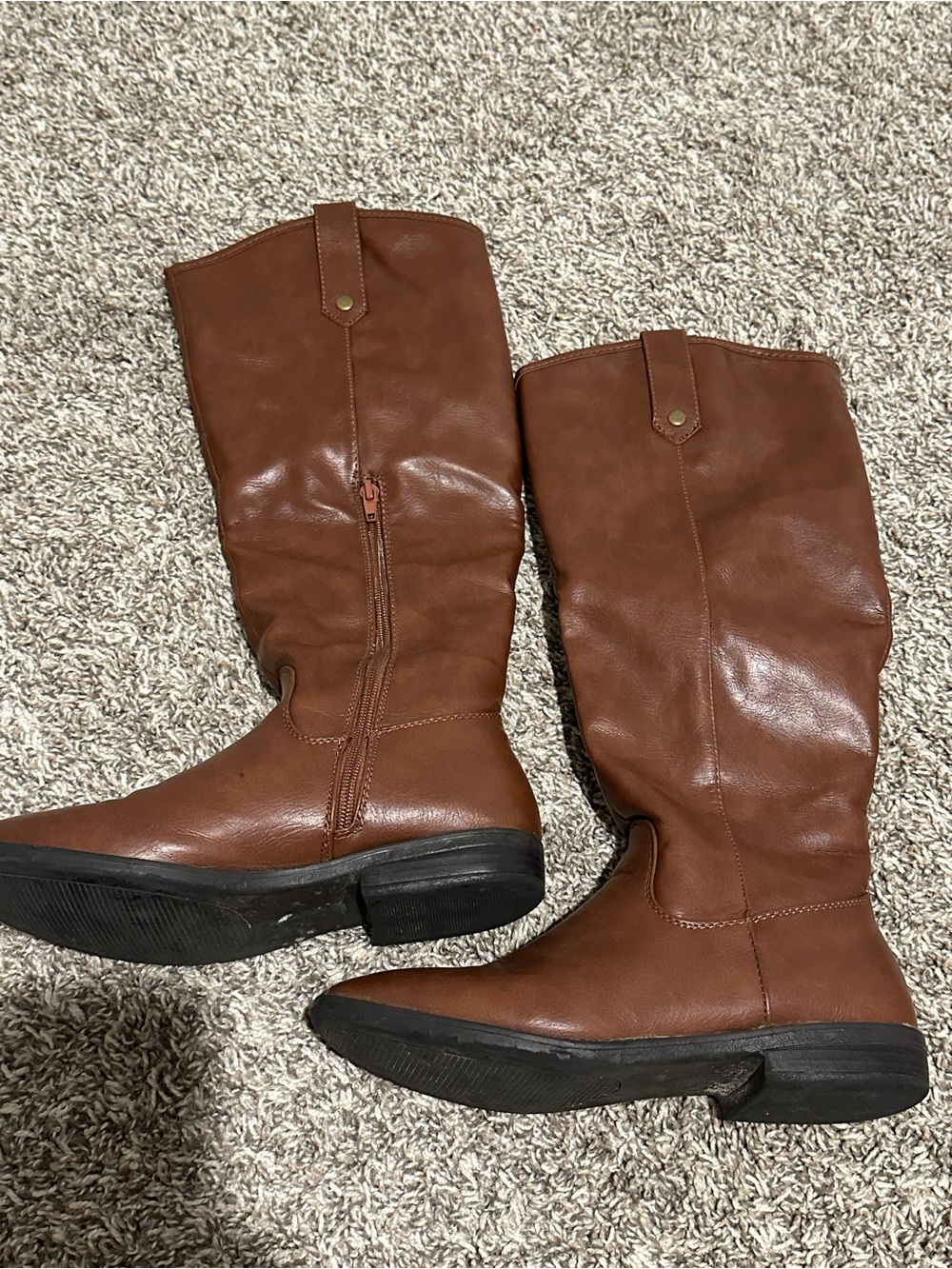 Women's Tall Brown Leather-Look Knee Boots with Side Zip